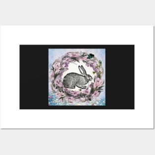 Spring Rabbit in Flower Wreath, Pretty for Floral Spring Easter Bunny Posters and Art